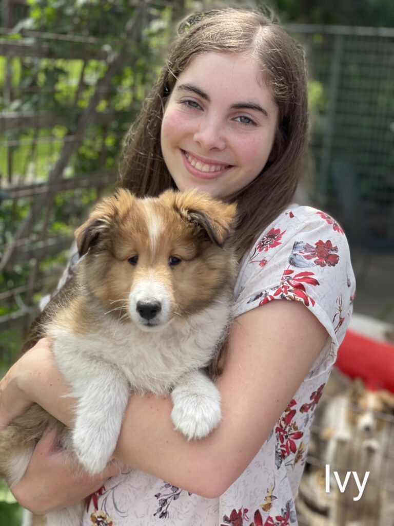Young woman with long brown hair holding a fluffy brown and white puppy outdoors, both facing the camera. The text reads “Ivy.”.