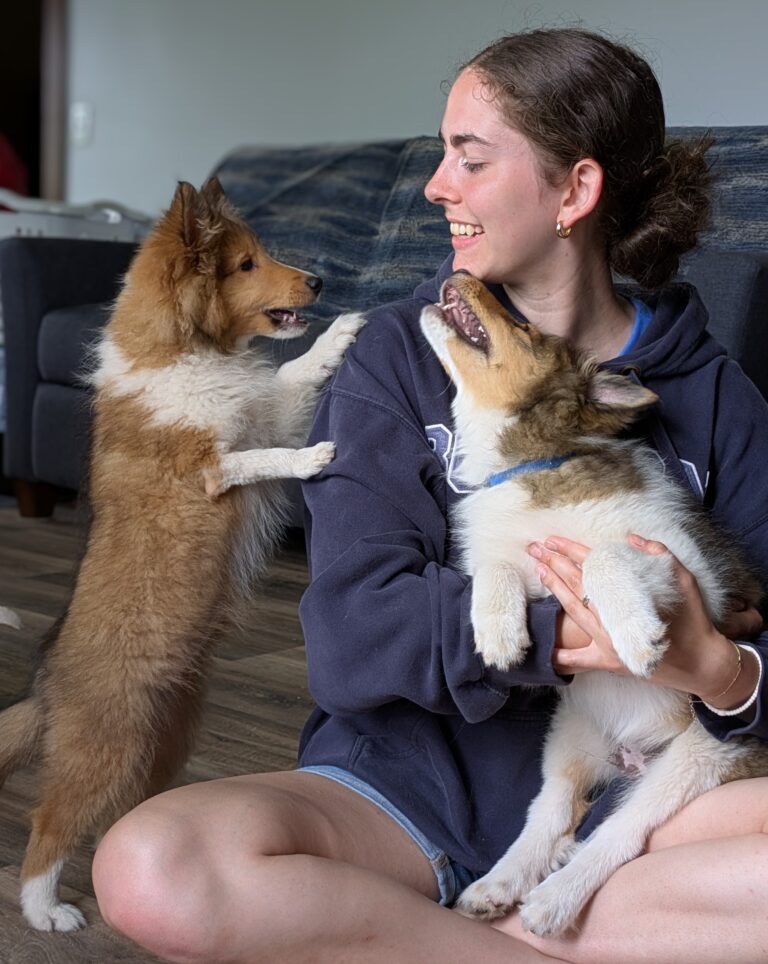 A young woman sits on the floor holding a puppy and smiles at another puppy standing with its paws on her knee.